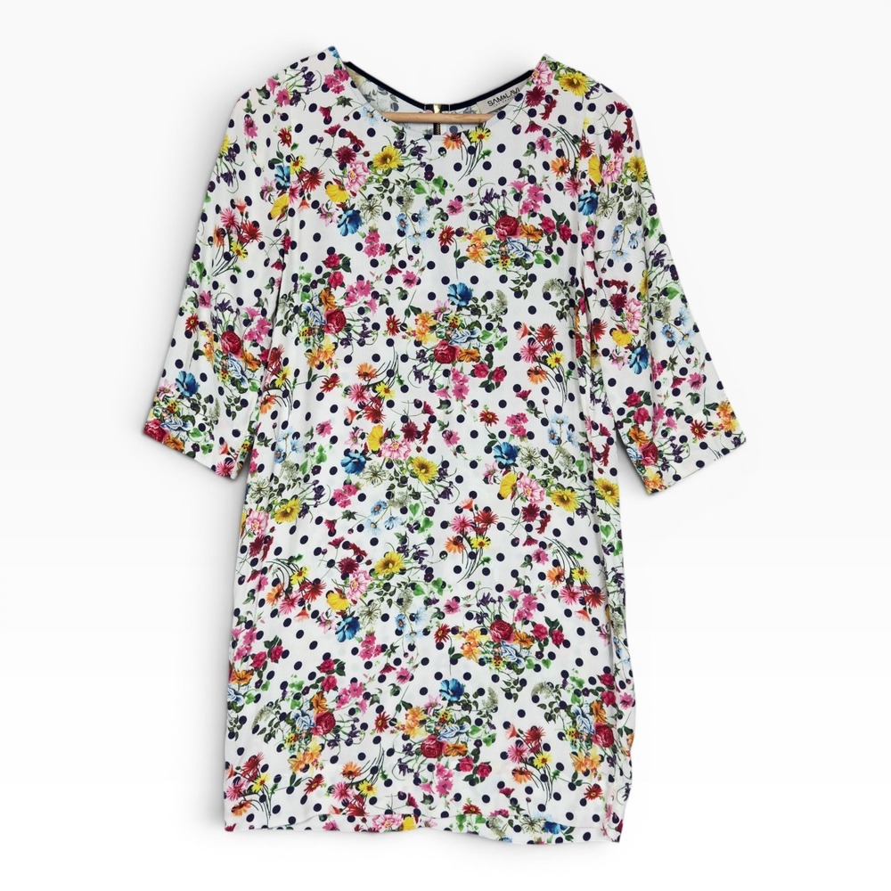 Sam & Lavi Floral Polka Dot Shift Dress Womens XS White Multicolor Excellent 3/4